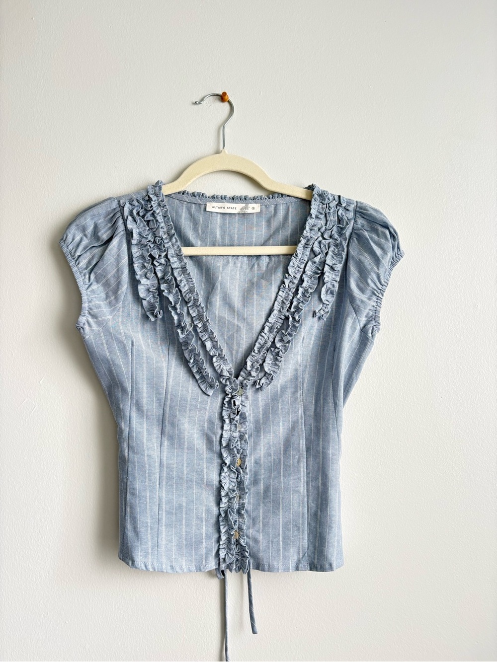 Altar'd State Light Blue Pinstripe Ruffle V-Neck Blouse